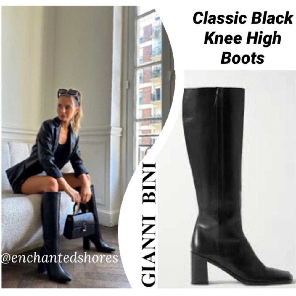 Luxury Leather Knee High Boots Block Heel Gianni Bini Sexy Black Size 10 New